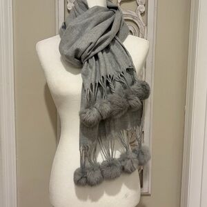 Lord & Taylor Gray Soft Scarf with Genuine Rabbit Fur Pom-Poms
